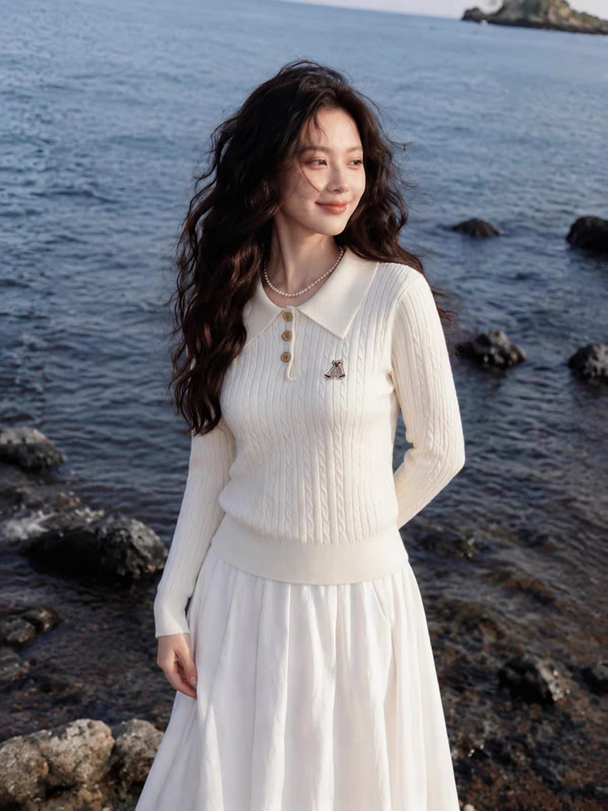 이른 가을 한 부서 자수 POLO 칼라 검정색 꽈배기 스웨터 봄 가을 새로운 긴팔 만나는 니트 스웨터 인사이드 잡아라. 의류 이미지 3