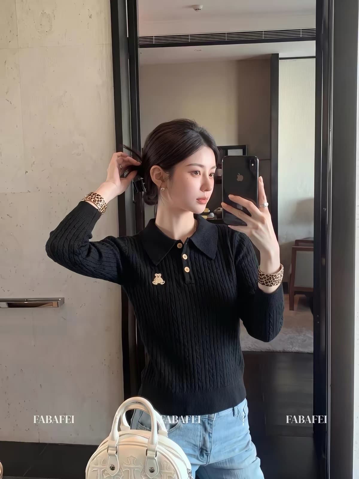 이른 가을 한 부서 자수 POLO 칼라 검정색 꽈배기 스웨터 봄 가을 새로운 긴팔 만나는 니트 스웨터 인사이드 잡아라. 의류 상세 이미지 2