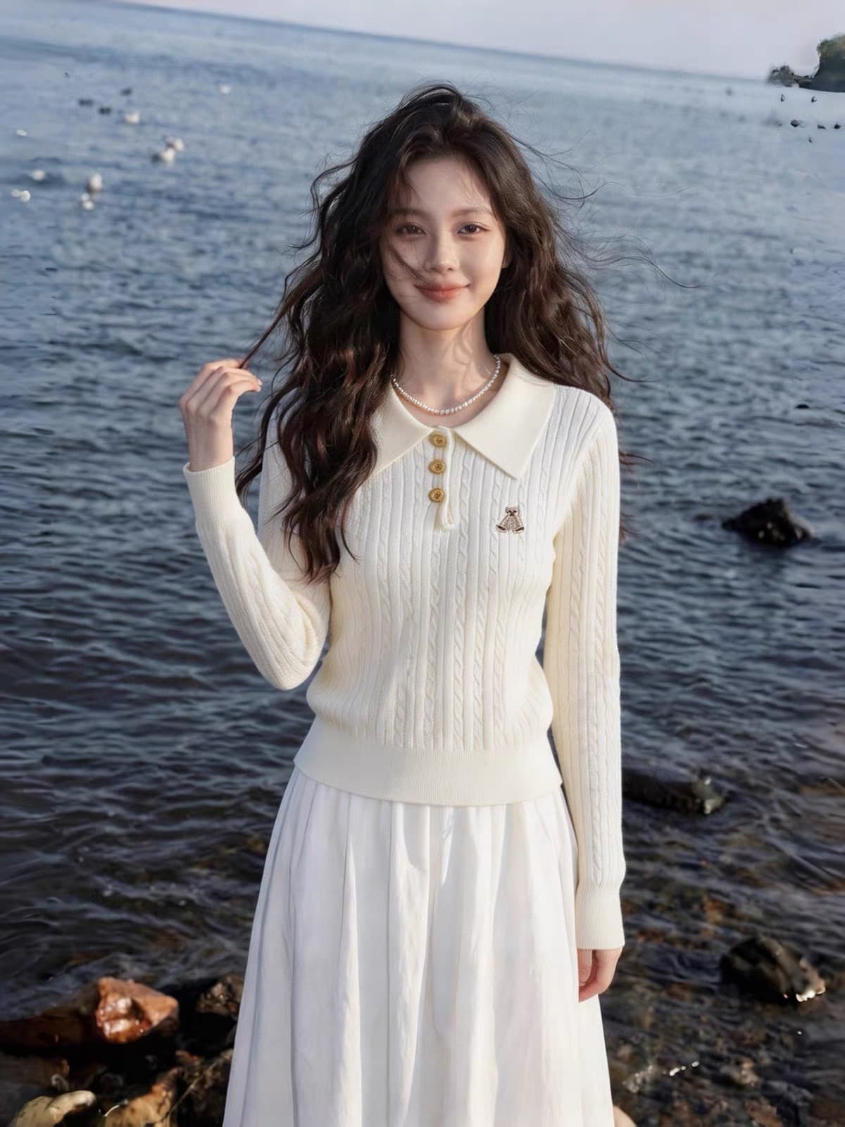 이른 가을 한 부서 자수 POLO 칼라 검정색 꽈배기 스웨터 봄 가을 새로운 긴팔 만나는 니트 스웨터 인사이드 잡아라. 의류 상세 이미지 5