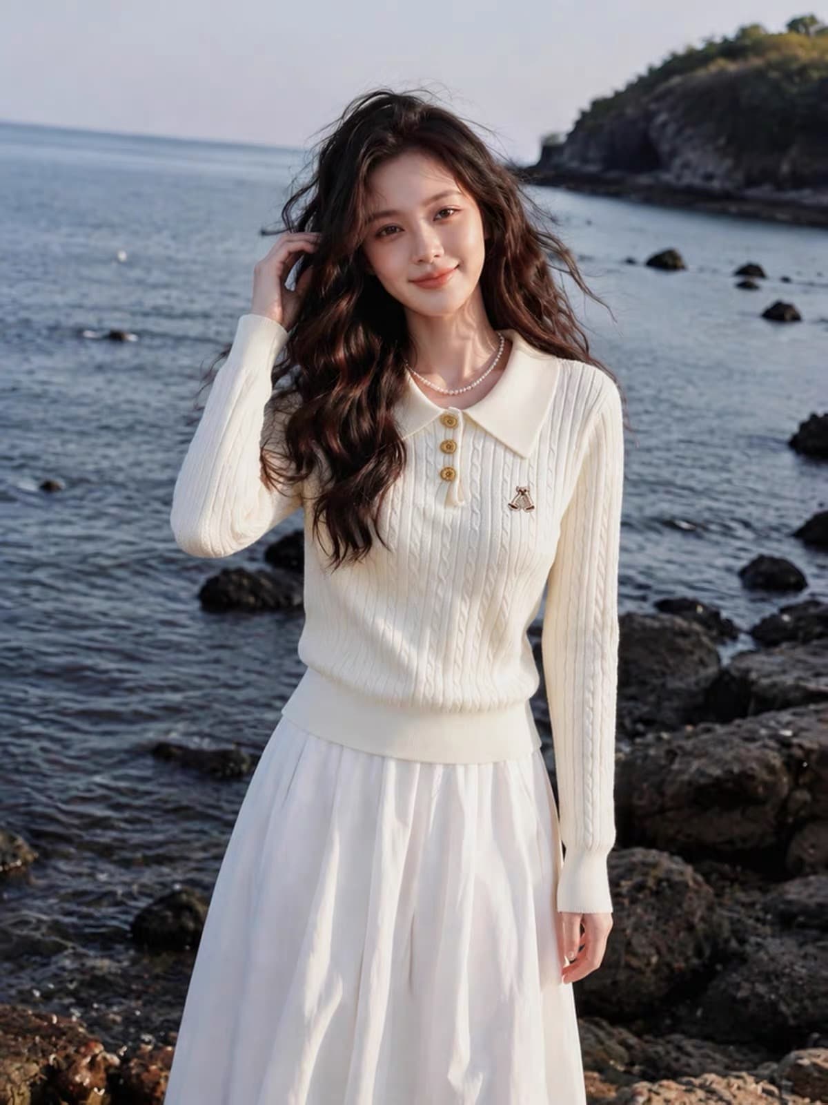 이른 가을 한 부서 자수 POLO 칼라 검정색 꽈배기 스웨터 봄 가을 새로운 긴팔 만나는 니트 스웨터 인사이드 잡아라. 의류 상세 이미지 8
