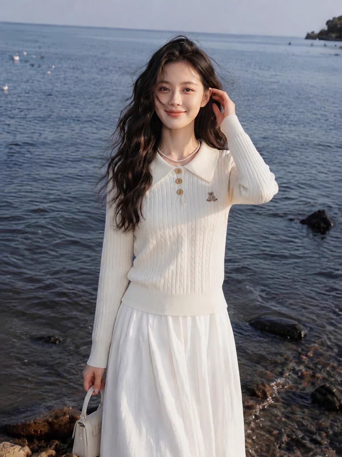 이른 가을 한 부서 자수 POLO 칼라 검정색 꽈배기 스웨터 봄 가을 새로운 긴팔 만나는 니트 스웨터 인사이드 잡아라. 의류 상세 이미지 9