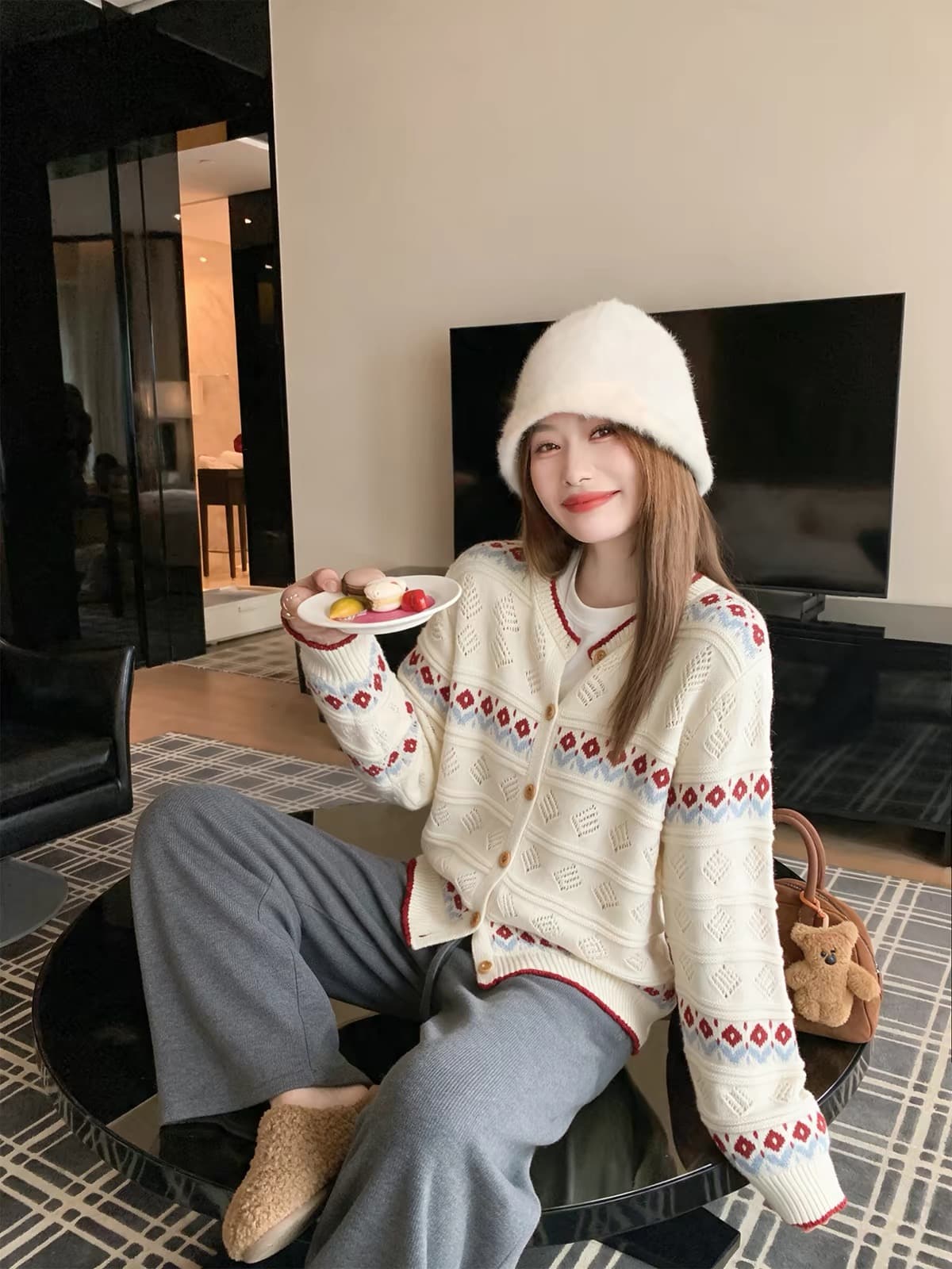 한 번 작은 짭짤한 한 부서 배색 니트 오픈 가디건 여성 가을 루즈핏 슬림해 보이는 라운드 넥 긴팔 짧은 에디션 달콤함 품격 재킷 상세 이미지 1