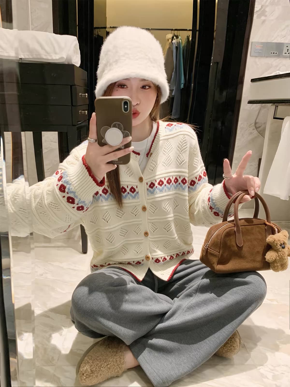한 번 작은 짭짤한 한 부서 배색 니트 오픈 가디건 여성 가을 루즈핏 슬림해 보이는 라운드 넥 긴팔 짧은 에디션 달콤함 품격 재킷 상세 이미지 3