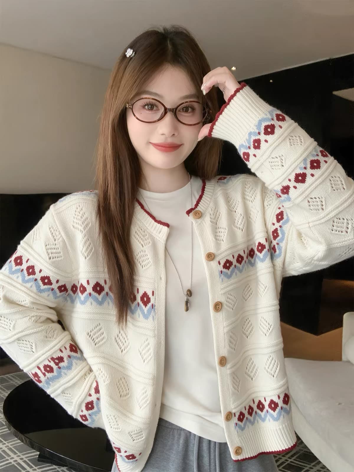 한 번 작은 짭짤한 한 부서 배색 니트 오픈 가디건 여성 가을 루즈핏 슬림해 보이는 라운드 넥 긴팔 짧은 에디션 달콤함 품격 재킷 상세 이미지 4