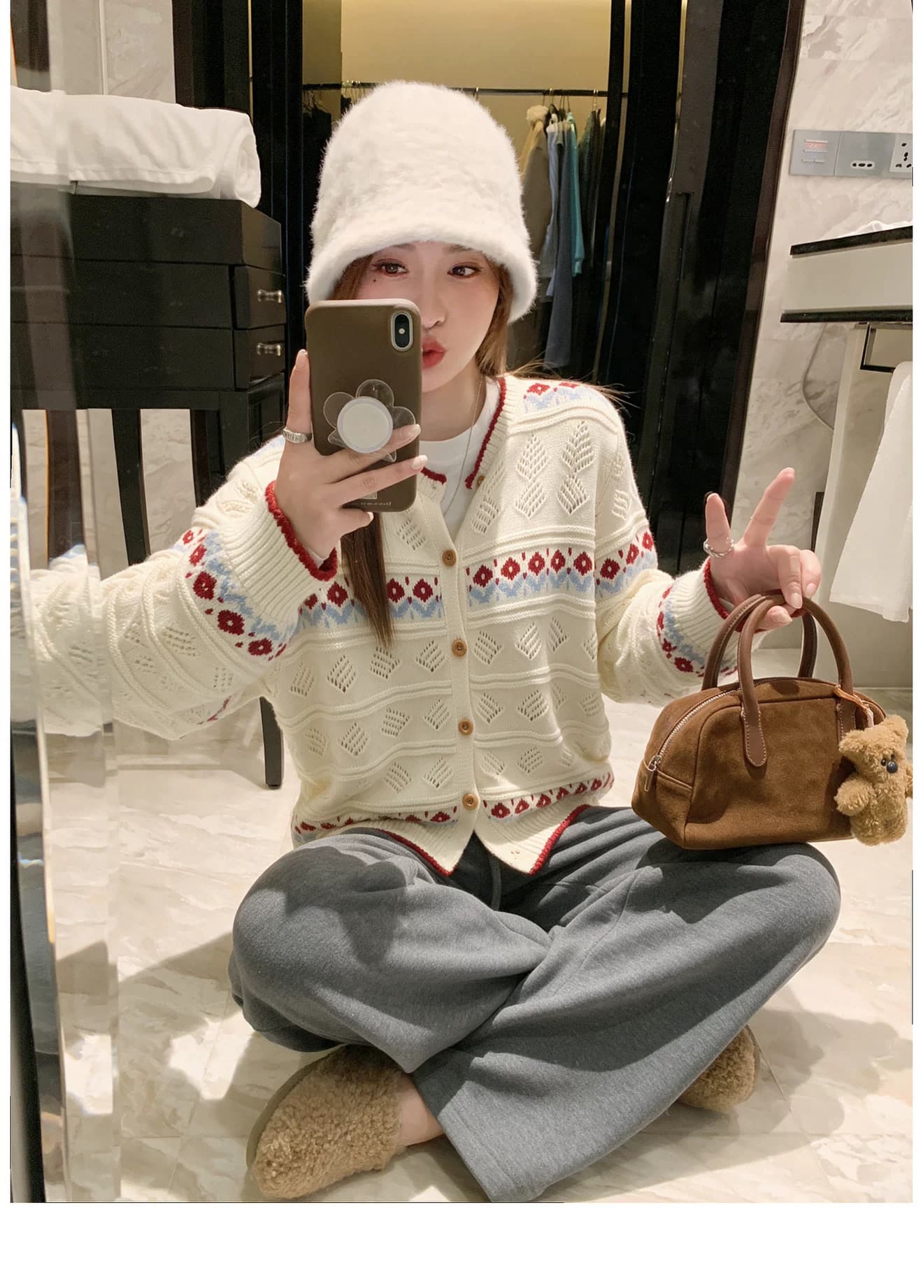 한 번 작은 짭짤한 한 부서 배색 니트 오픈 가디건 여성 가을 루즈핏 슬림해 보이는 라운드 넥 긴팔 짧은 에디션 달콤함 품격 재킷 상세 이미지 9
