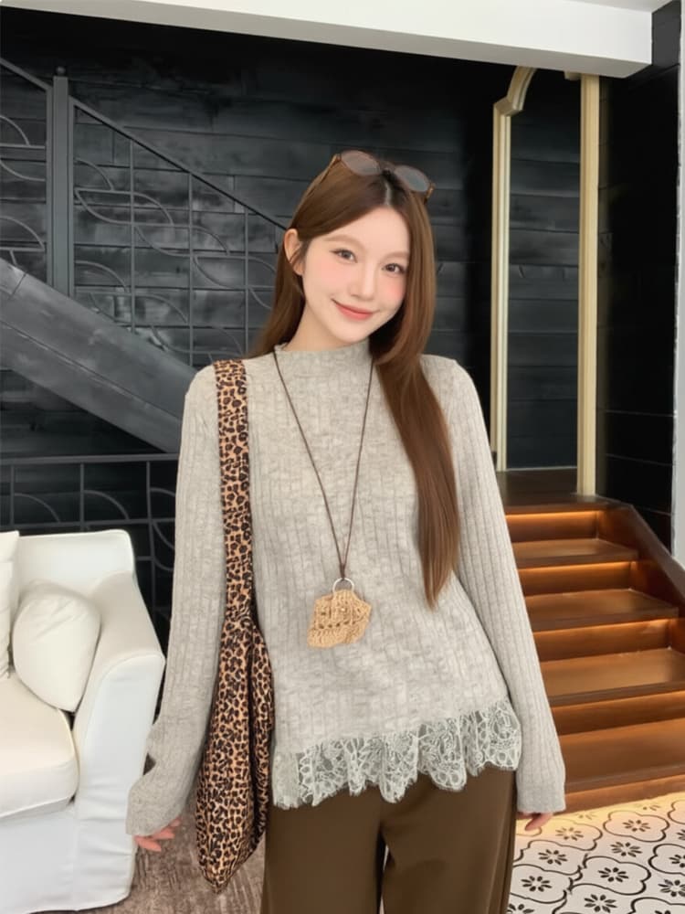 인사이드 가져 가라. 기본 셔츠 여성 2026 새로운 긴팔 티셔츠 반하이넥 한 부서 느긋한 레이스 니트 맨위