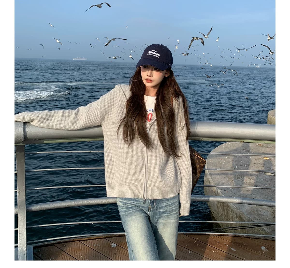 한 부서 느긋한 바람 후드 후아 남편 그리드 니트 오픈 가디건 여성 회색 더블 지퍼 루즈핏 스웨터 코트 상세 이미지 3