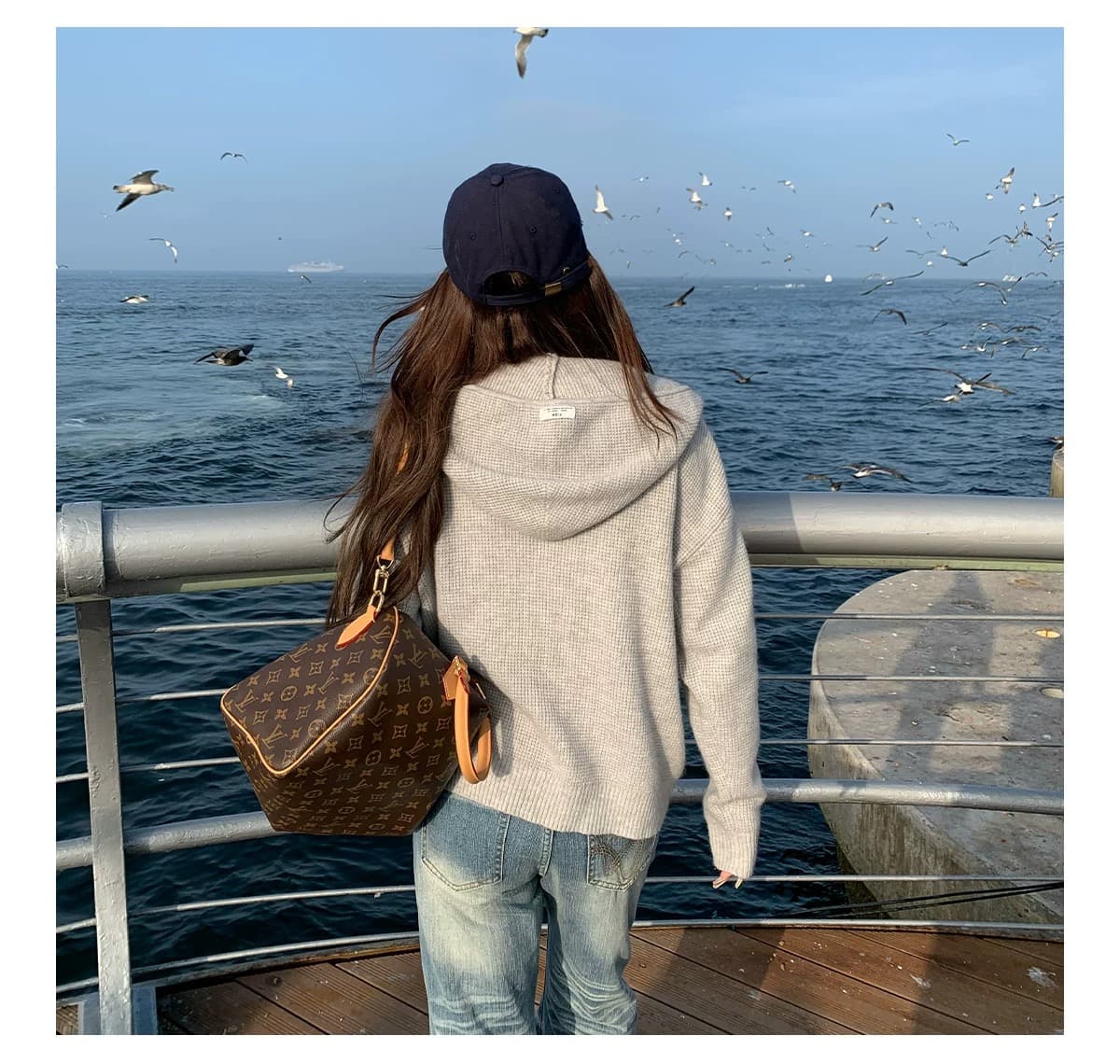 한 부서 느긋한 바람 후드 후아 남편 그리드 니트 오픈 가디건 여성 회색 더블 지퍼 루즈핏 스웨터 코트 상세 이미지 4