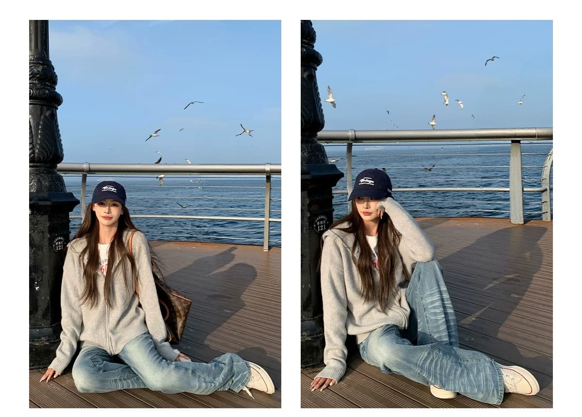 한 부서 느긋한 바람 후드 후아 남편 그리드 니트 오픈 가디건 여성 회색 더블 지퍼 루즈핏 스웨터 코트 상세 이미지 5