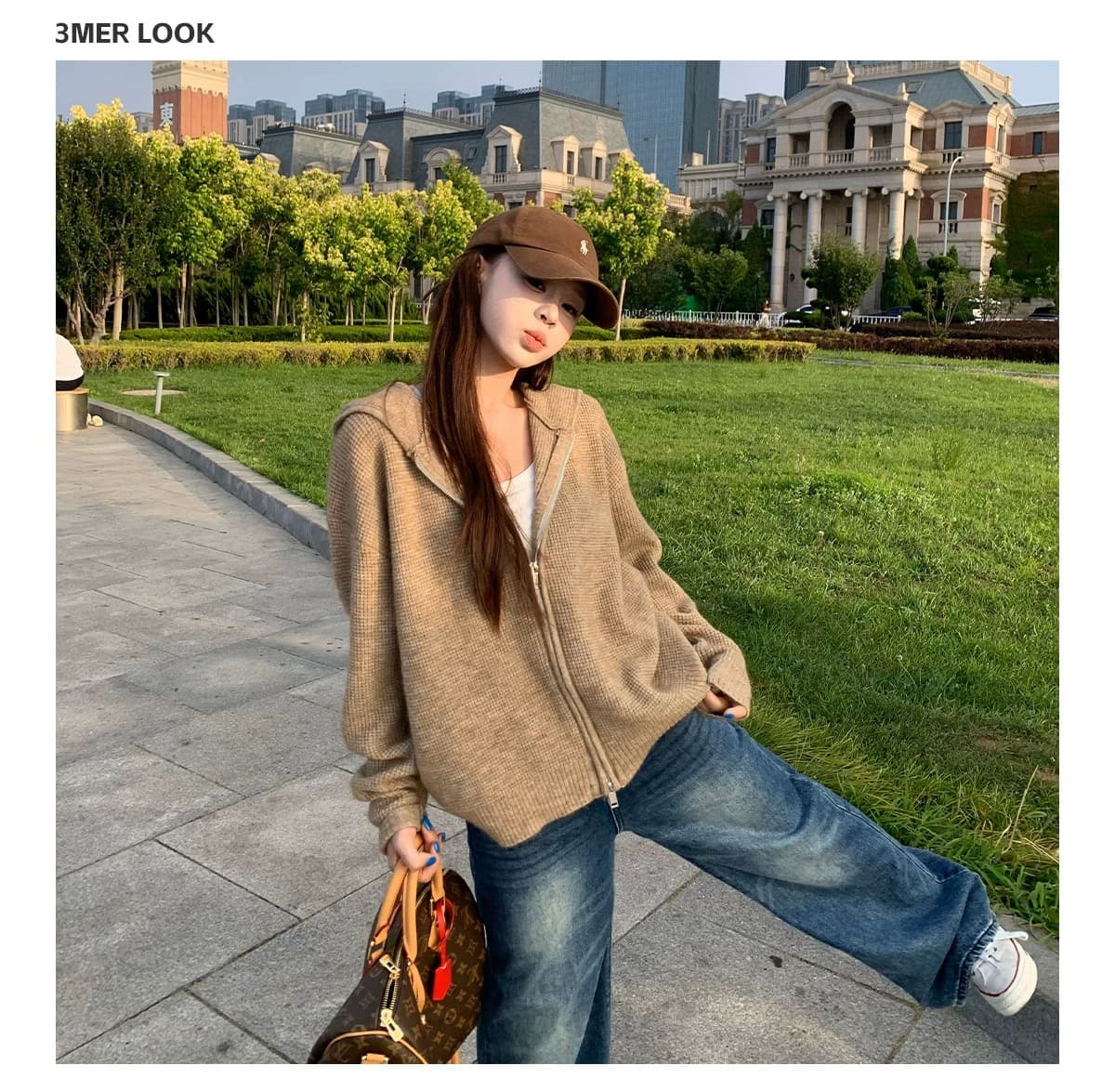 한 부서 느긋한 바람 후드 후아 남편 그리드 니트 오픈 가디건 여성 회색 더블 지퍼 루즈핏 스웨터 코트 상세 이미지 8