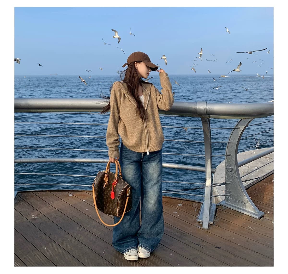 한 부서 느긋한 바람 후드 후아 남편 그리드 니트 오픈 가디건 여성 회색 더블 지퍼 루즈핏 스웨터 코트 상세 이미지 10