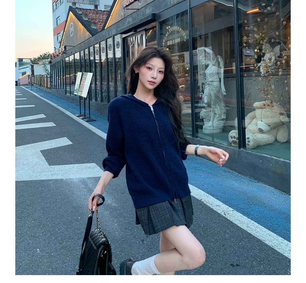 한 부서 느긋한 바람 후드 후아 남편 그리드 니트 오픈 가디건 여성 회색 더블 지퍼 루즈핏 스웨터 코트 상세 이미지 12