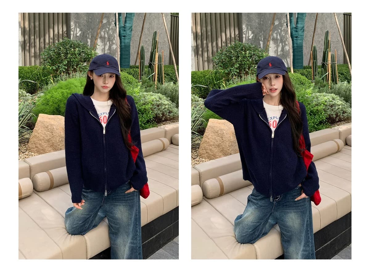 한 부서 느긋한 바람 후드 후아 남편 그리드 니트 오픈 가디건 여성 회색 더블 지퍼 루즈핏 스웨터 코트 상세 이미지 14