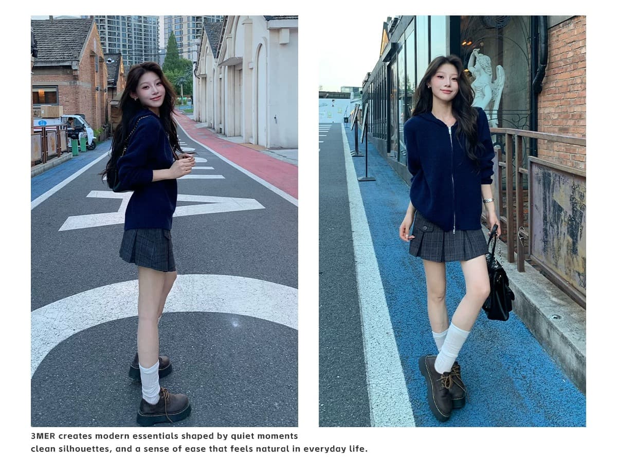 한 부서 느긋한 바람 후드 후아 남편 그리드 니트 오픈 가디건 여성 회색 더블 지퍼 루즈핏 스웨터 코트 상세 이미지 17