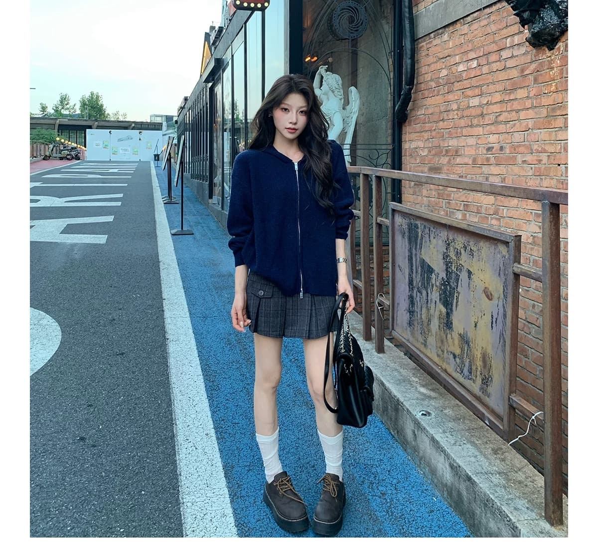 한 부서 느긋한 바람 후드 후아 남편 그리드 니트 오픈 가디건 여성 회색 더블 지퍼 루즈핏 스웨터 코트 상세 이미지 18
