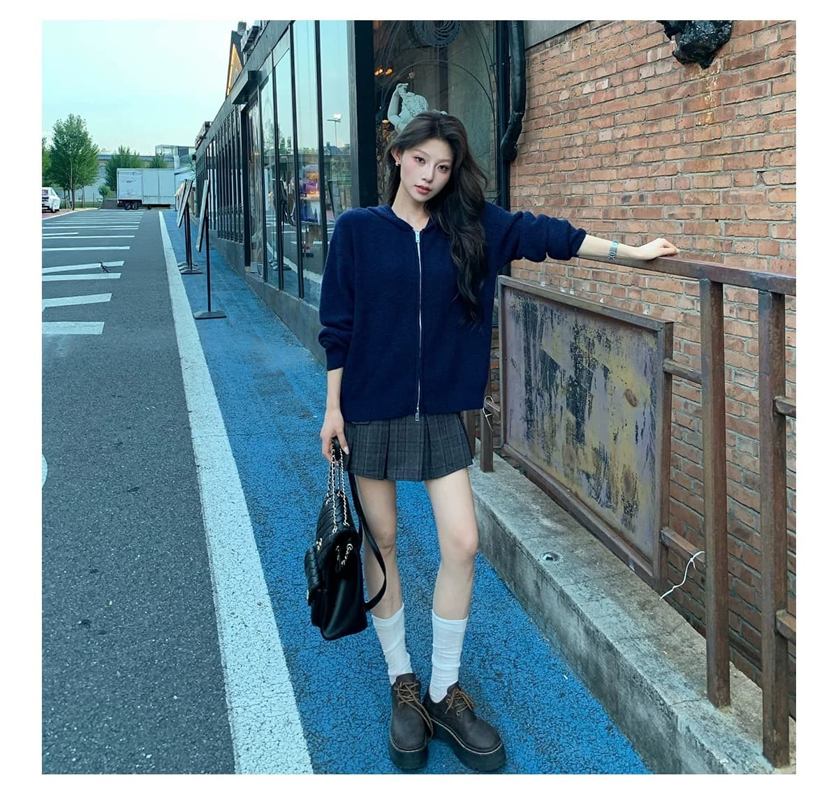 한 부서 느긋한 바람 후드 후아 남편 그리드 니트 오픈 가디건 여성 회색 더블 지퍼 루즈핏 스웨터 코트 상세 이미지 19