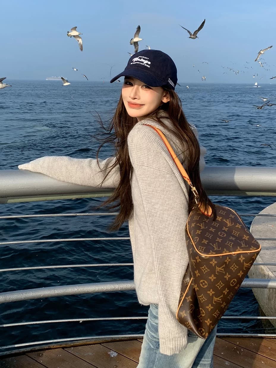 한 부서 느긋한 바람 후드 후아 남편 그리드 니트 오픈 가디건 여성 회색 더블 지퍼 루즈핏 스웨터 코트 상세 이미지 22
