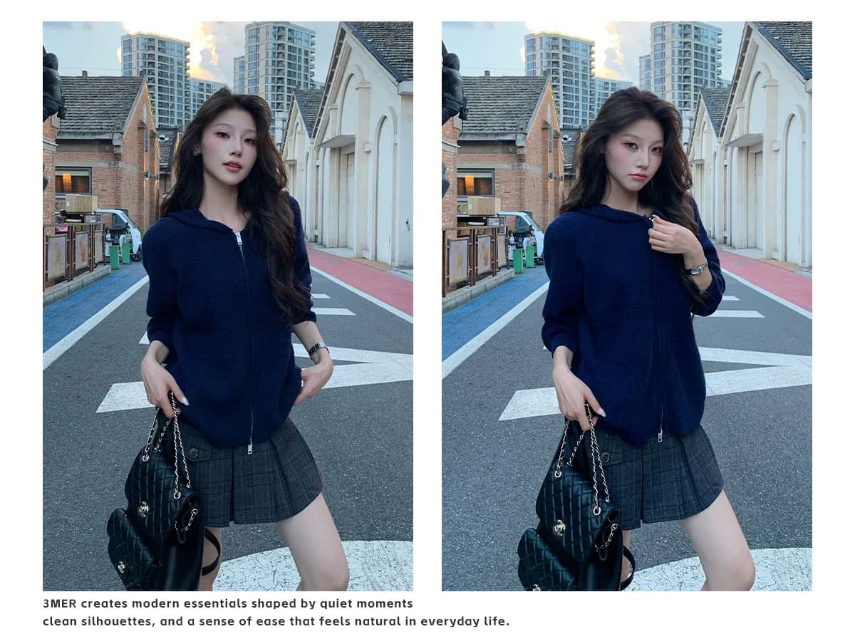 한 부서 느긋한 바람 후드 후아 남편 그리드 니트 오픈 가디건 여성 회색 더블 지퍼 루즈핏 스웨터 코트 상세 이미지 23