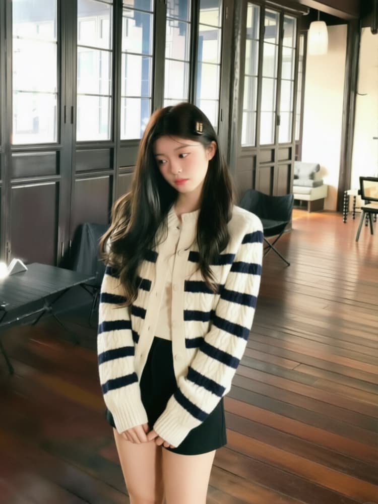 작은 샤넬 스타일 배색 스트라이프 라운드 넥 스웨터 세트 오픈 가디건 여성 가을 디자인 센스 Chic 맨위 고급 센스 니트 재킷