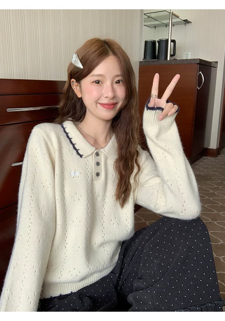 패치워크 색상 폴로 칼라 스웨터 루즈핏 연령 감소 2026 가을 캐주얼 한 부서 다용도 연령 감소 부드러운 찹쌀 맨위 상세 이미지 4