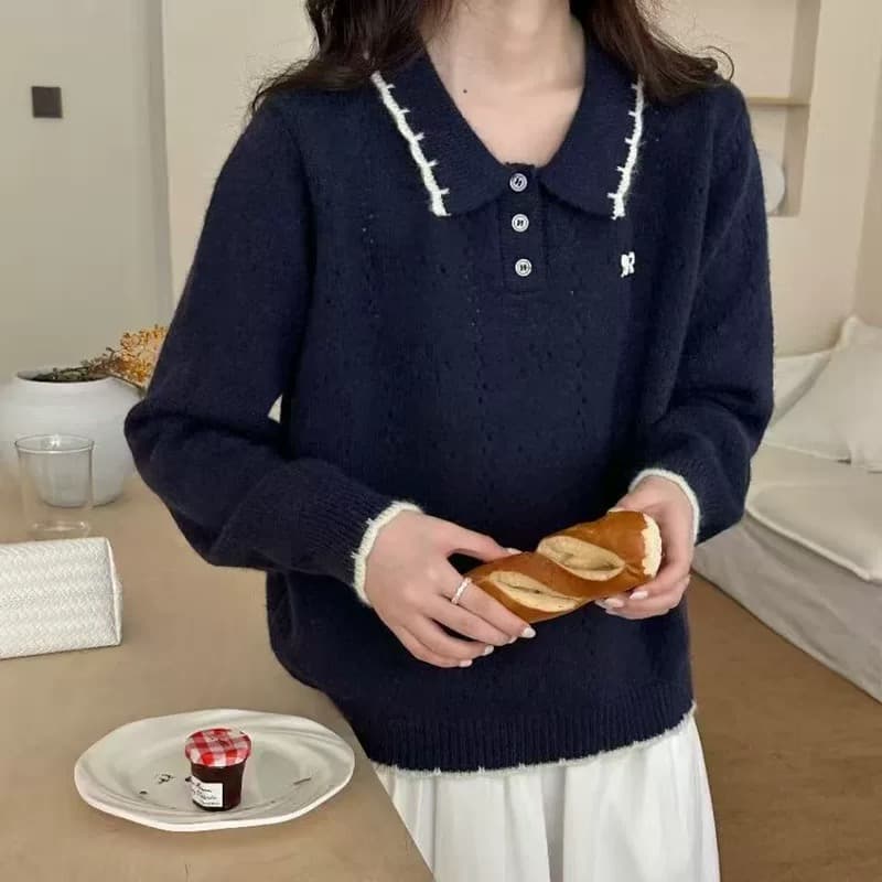 패치워크 색상 폴로 칼라 스웨터 루즈핏 연령 감소 2026 가을 캐주얼 한 부서 다용도 연령 감소 부드러운 찹쌀 맨위 상세 이미지 11