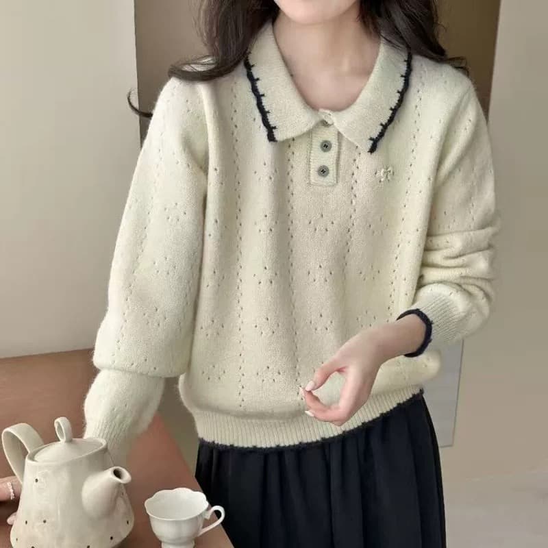패치워크 색상 폴로 칼라 스웨터 루즈핏 연령 감소 2026 가을 캐주얼 한 부서 다용도 연령 감소 부드러운 찹쌀 맨위 상세 이미지 12