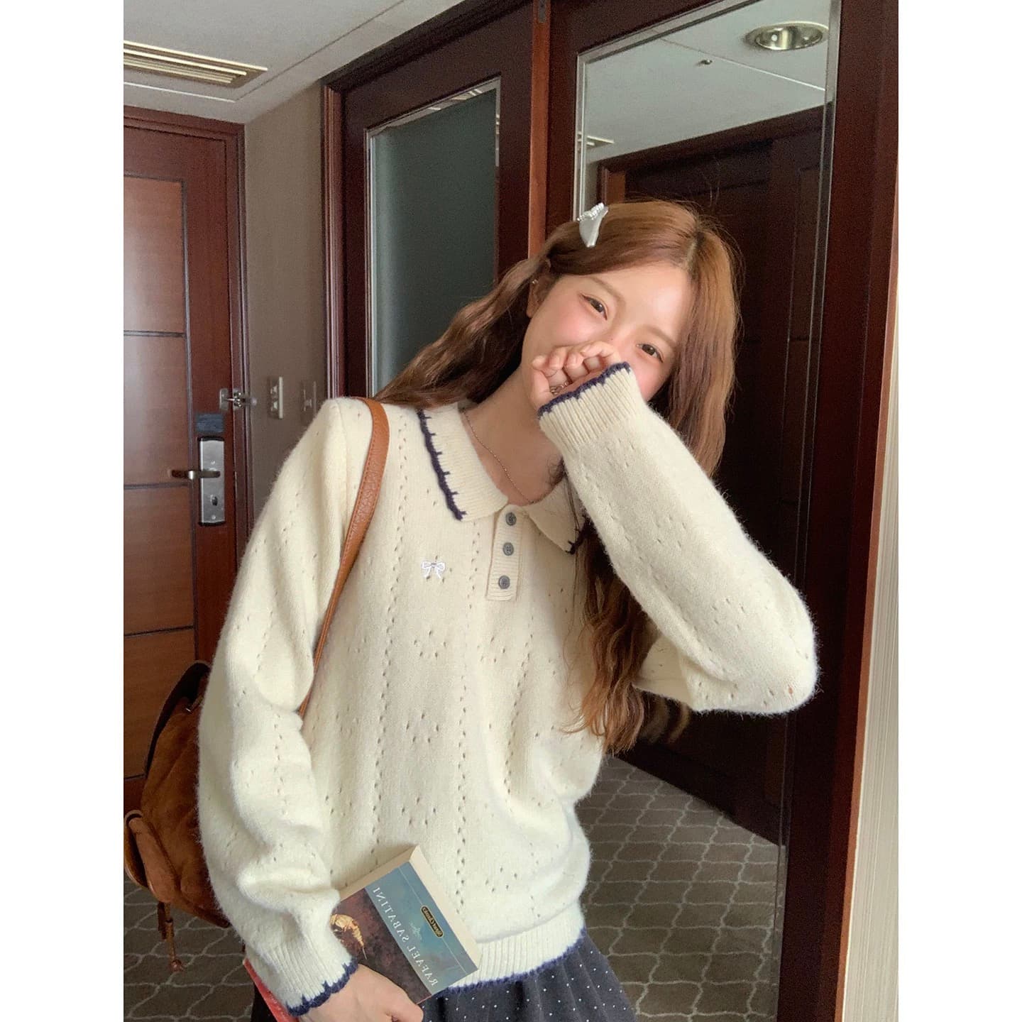 패치워크 색상 폴로 칼라 스웨터 루즈핏 연령 감소 2026 가을 캐주얼 한 부서 다용도 연령 감소 부드러운 찹쌀 맨위 상세 이미지 19