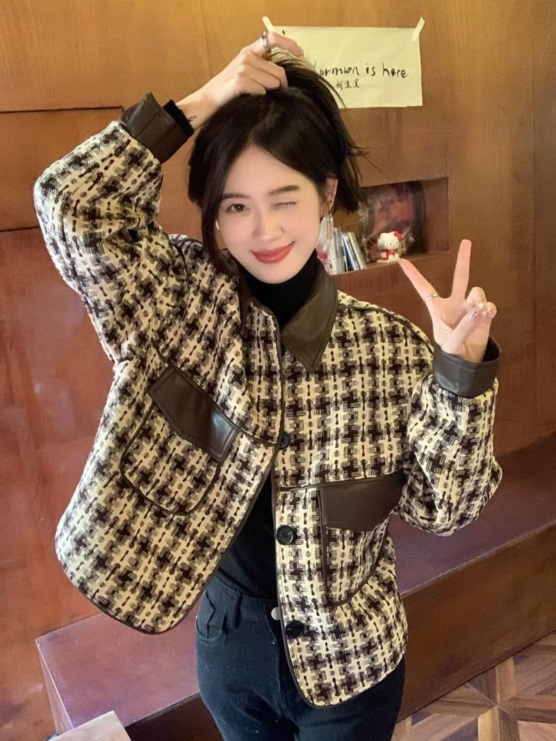 작은 샤넬 스타일 하운드투스 체크 여성 코트 가을 겨울 2026 새로운 레트로 패치워크 디자인 센스 쇼트 스타일 루즈핏 긴팔 맨위 상세 이미지 29
