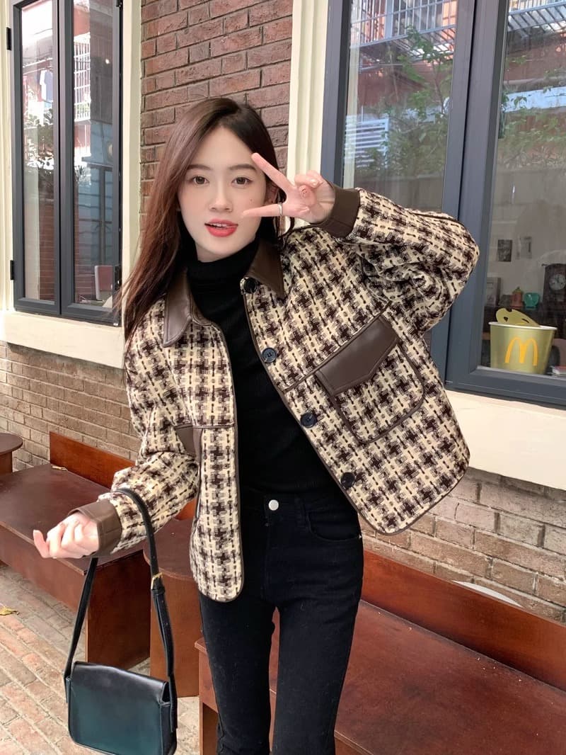 작은 샤넬 스타일 하운드투스 체크 여성 코트 가을 겨울 2026 새로운 레트로 패치워크 디자인 센스 쇼트 스타일 루즈핏 긴팔 맨위 상세 이미지 30