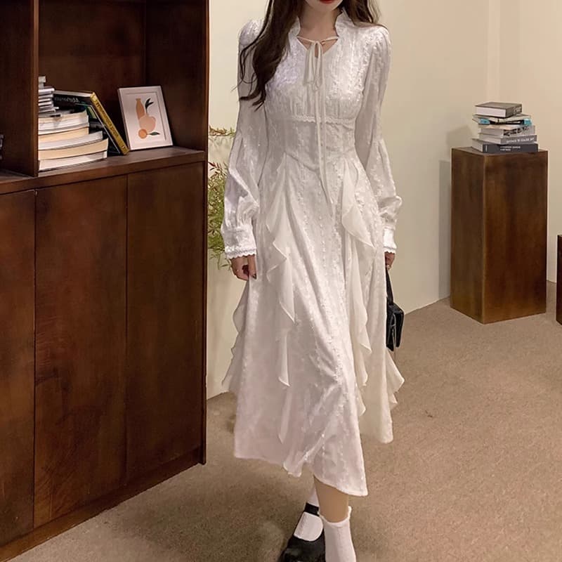 프랑스식 화이트 레이스 여성 드레스 순수한 욕망 봄 가을 2026 년 새로운 품격 허리 수축 그는 벤 바람 길다 치마