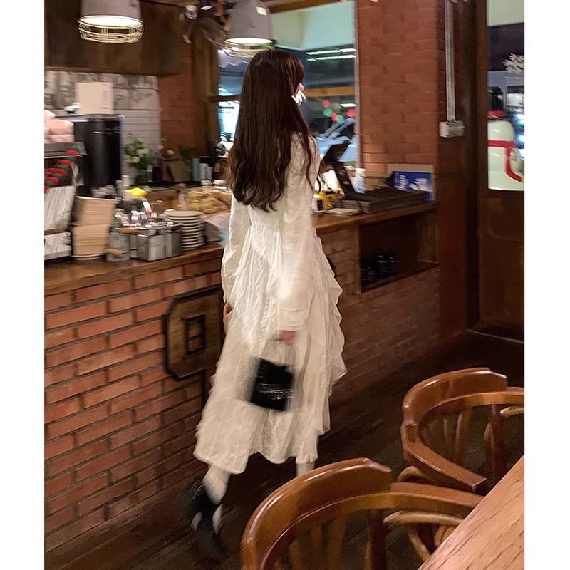 프랑스식 화이트 레이스 여성 드레스 순수한 욕망 봄 가을 2026 년 새로운 품격 허리 수축 그는 벤 바람 길다 치마 이미지 4