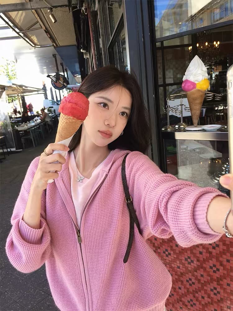 루즈핏 슬림해 보이는 3 차원 후아 남편 그리드 후드 오픈 가디건 여성 레저 다용도 양모 재킷 상세 이미지 4