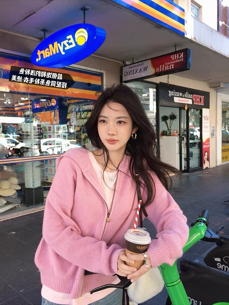 루즈핏 슬림해 보이는 3 차원 후아 남편 그리드 후드 오픈 가디건 여성 레저 다용도 양모 재킷 상세 이미지 7