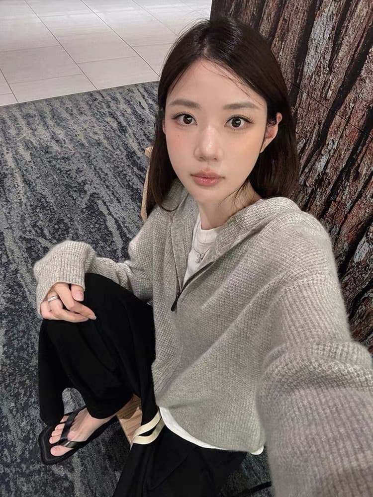 루즈핏 슬림해 보이는 3 차원 후아 남편 그리드 후드 오픈 가디건 여성 레저 다용도 양모 재킷 상세 이미지 8