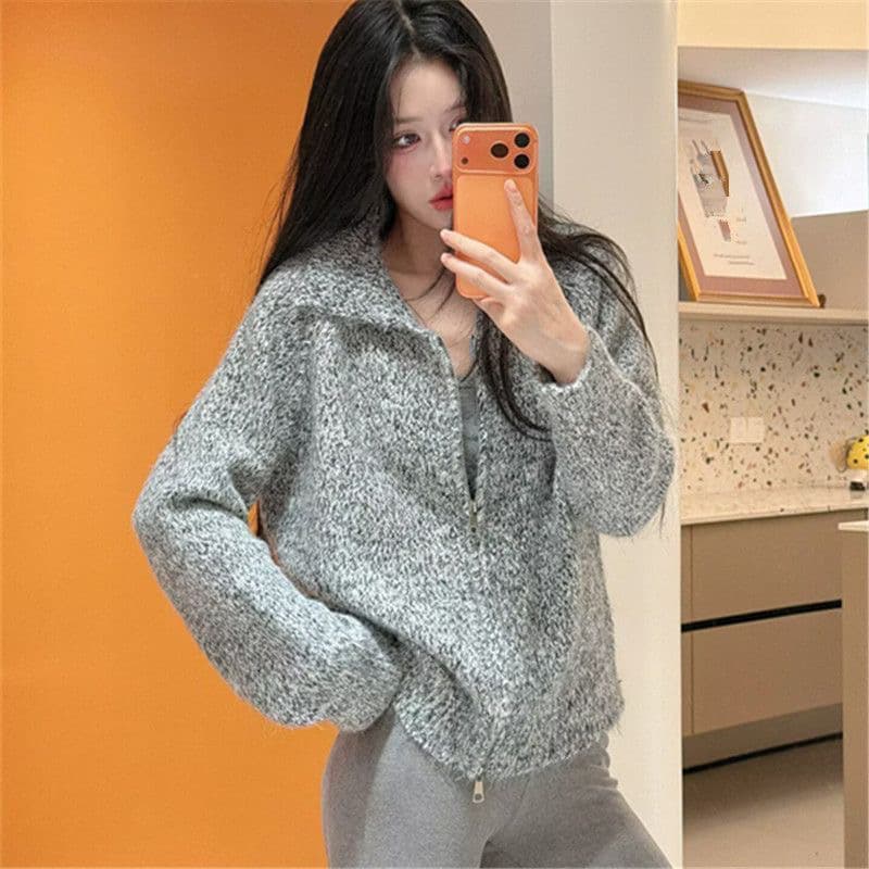 26 가을과 겨울 부드러운 찹쌀 긴 머리 꽃 실 폴로 칼라 스웨터 여성 코트 느긋한 루즈핏 두꺼운 더블 지퍼 니트 오픈 가디건 상세 이미지 3