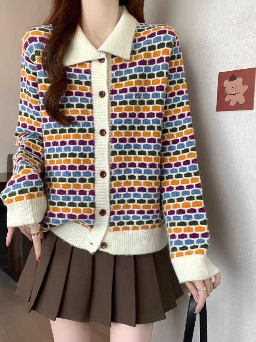 한 부서 가을 겨울 새로운 POLO 칼라 단추 색상 그리드 니트 오픈 가디건 여성 작은 대중 고급 센스 패션 출퇴근 스웨터 이미지 3