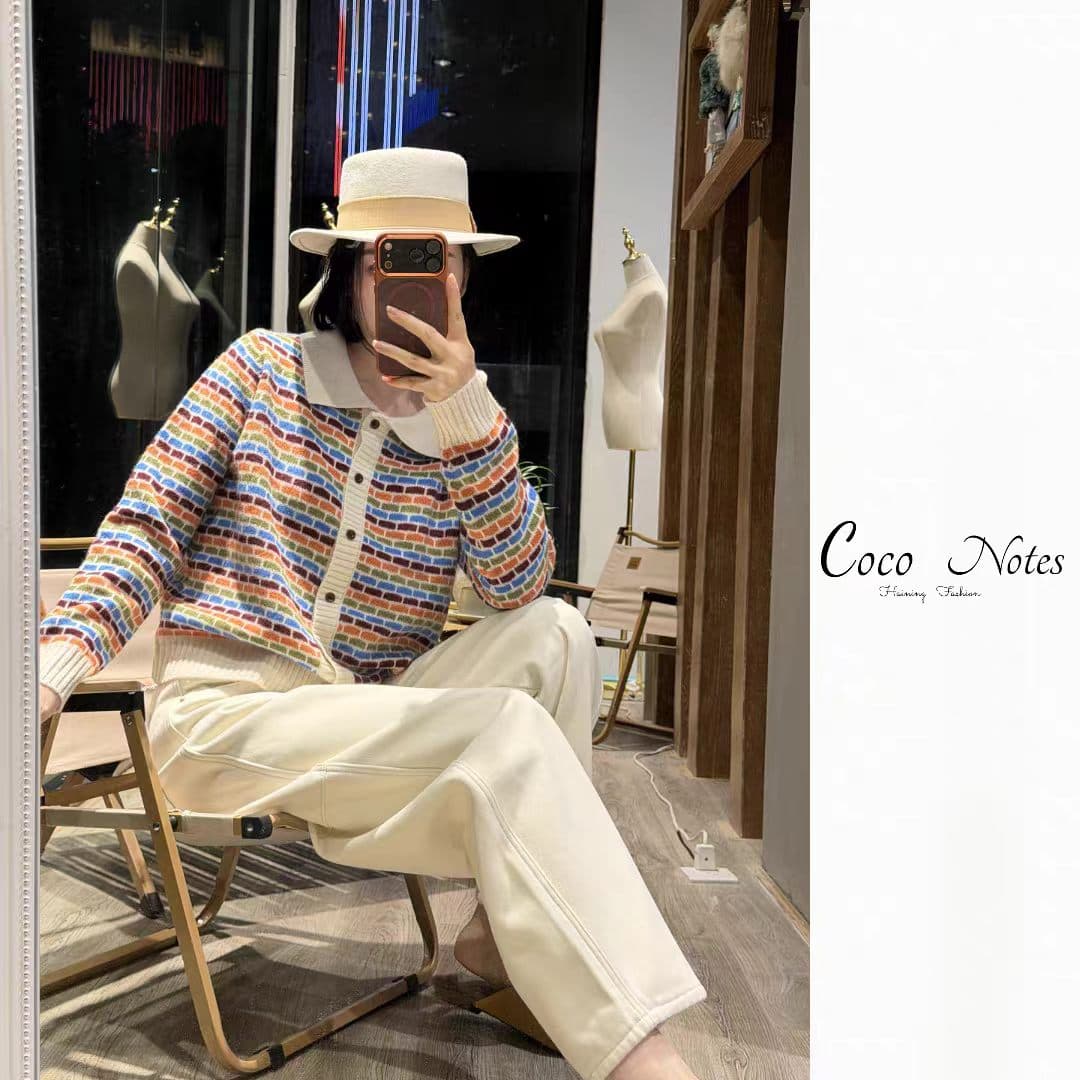 한 부서 가을 겨울 새로운 POLO 칼라 단추 색상 그리드 니트 오픈 가디건 여성 작은 대중 고급 센스 패션 출퇴근 스웨터 상세 이미지 5