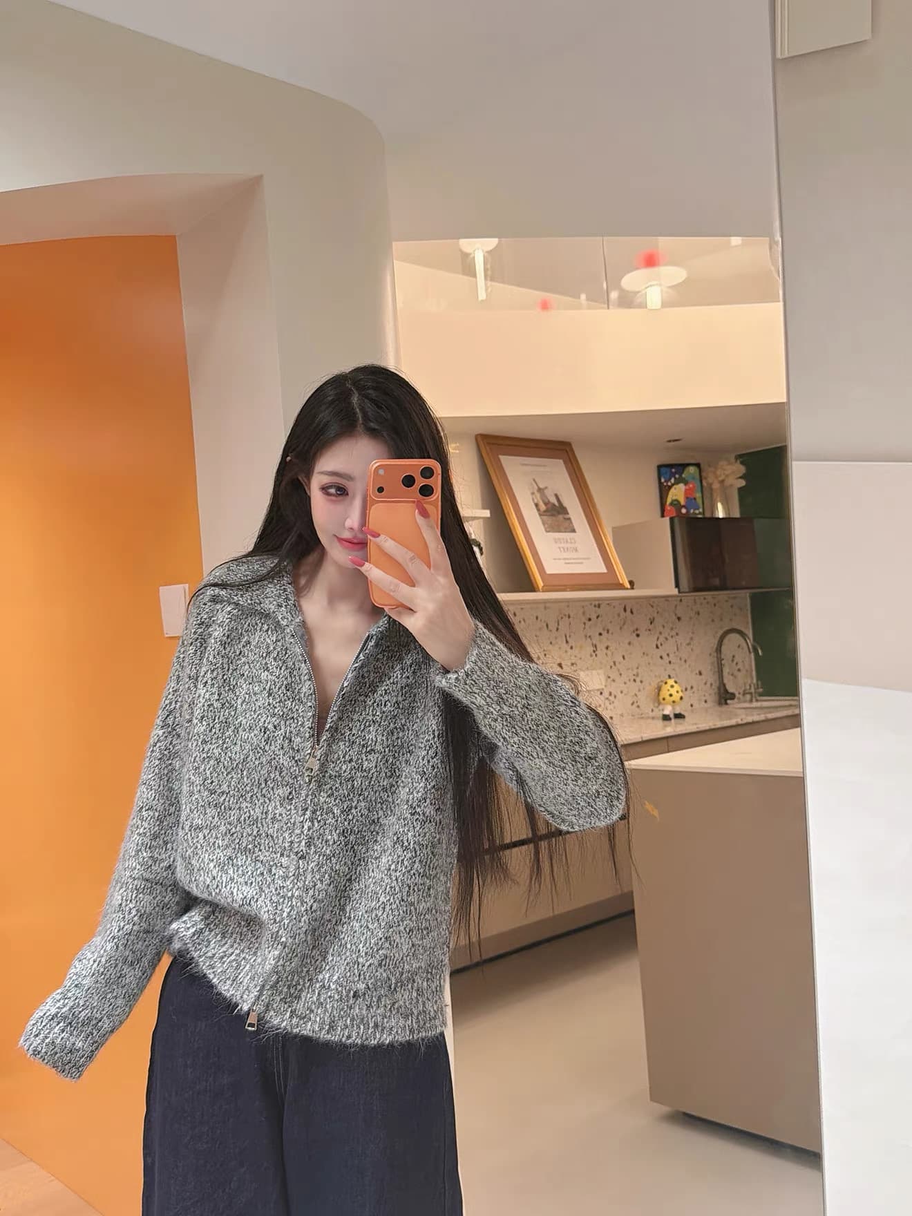 레트로 포함 양모 꽃 실 폴로 칼라 스웨터 코트 캐주얼 루즈핏 보온 더블 지퍼 니트 스웨터 상세 이미지 16