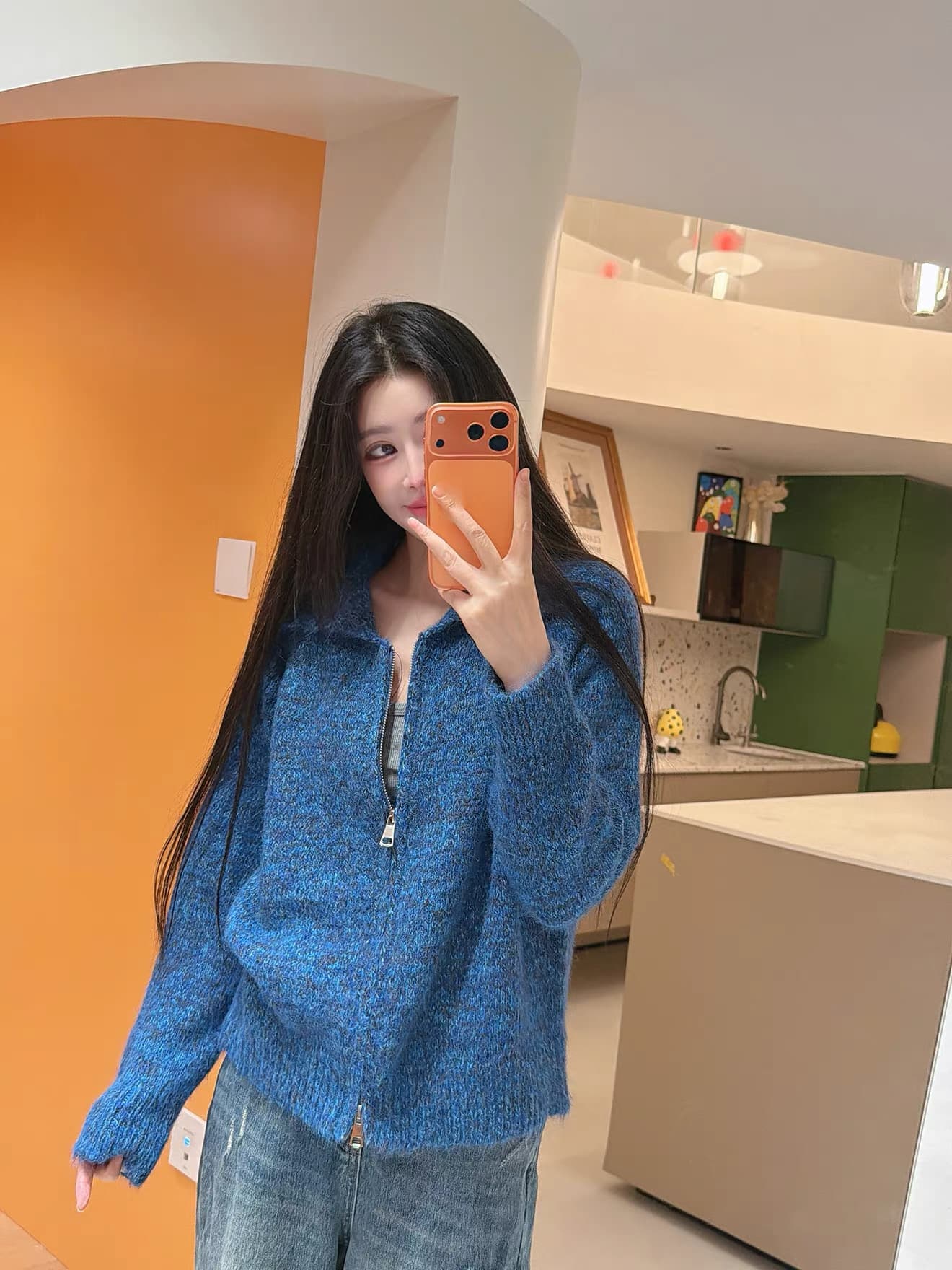 레트로 포함 양모 꽃 실 폴로 칼라 스웨터 코트 캐주얼 루즈핏 보온 더블 지퍼 니트 스웨터 상세 이미지 20