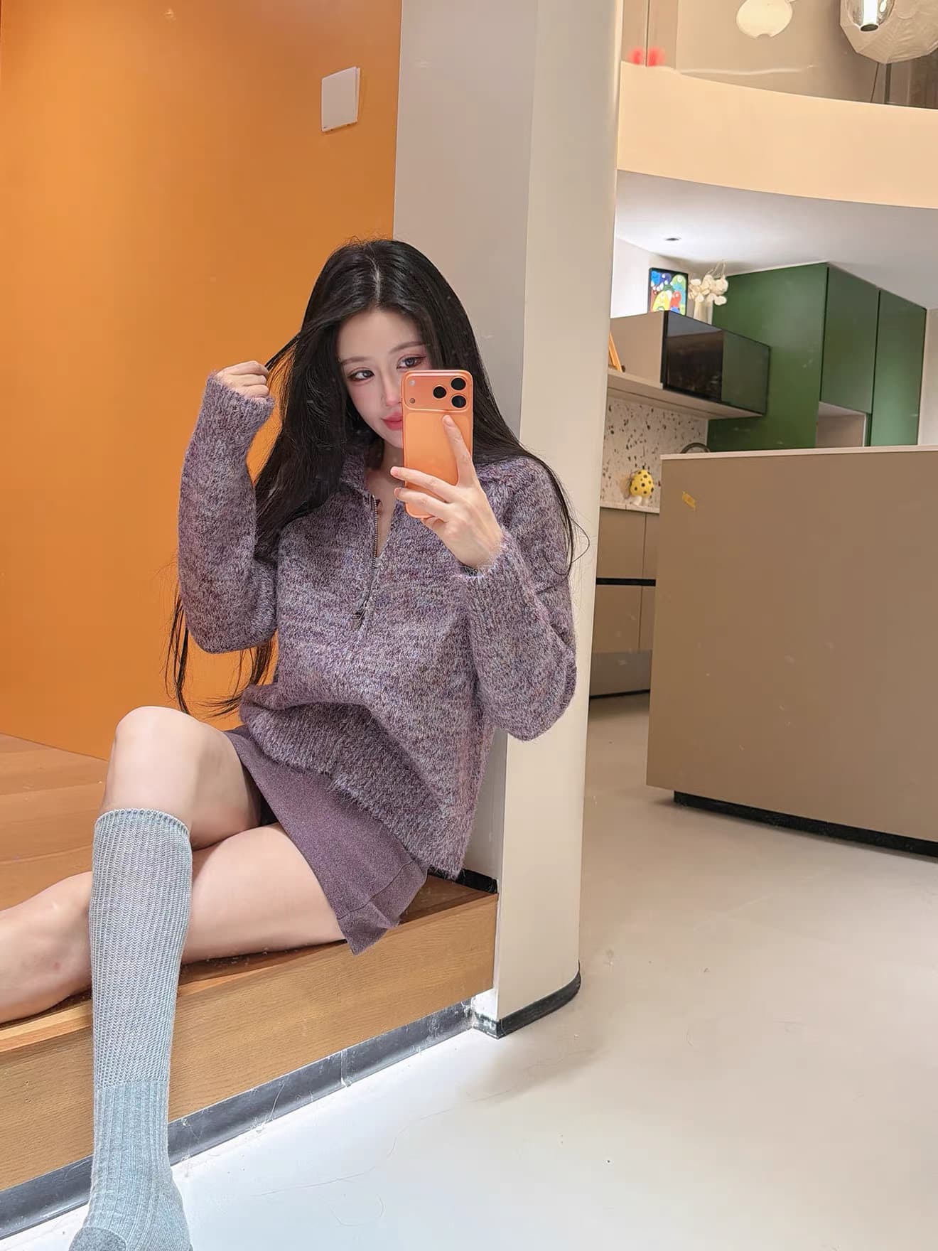 레트로 포함 양모 꽃 실 폴로 칼라 스웨터 코트 캐주얼 루즈핏 보온 더블 지퍼 니트 스웨터 상세 이미지 28