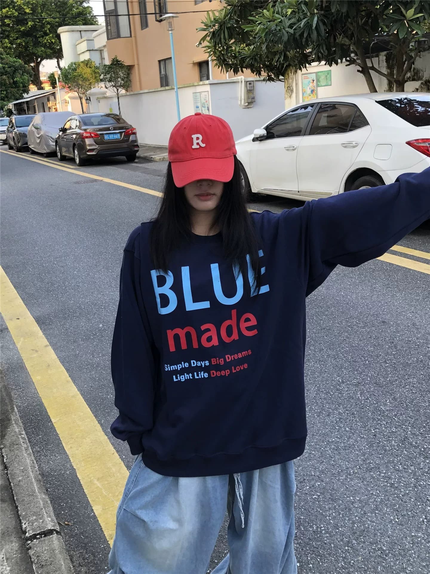 후아 면 복합 프린트 라운드 넥 후드티 여성 얇은 스타일 털이 있는 이미지 2