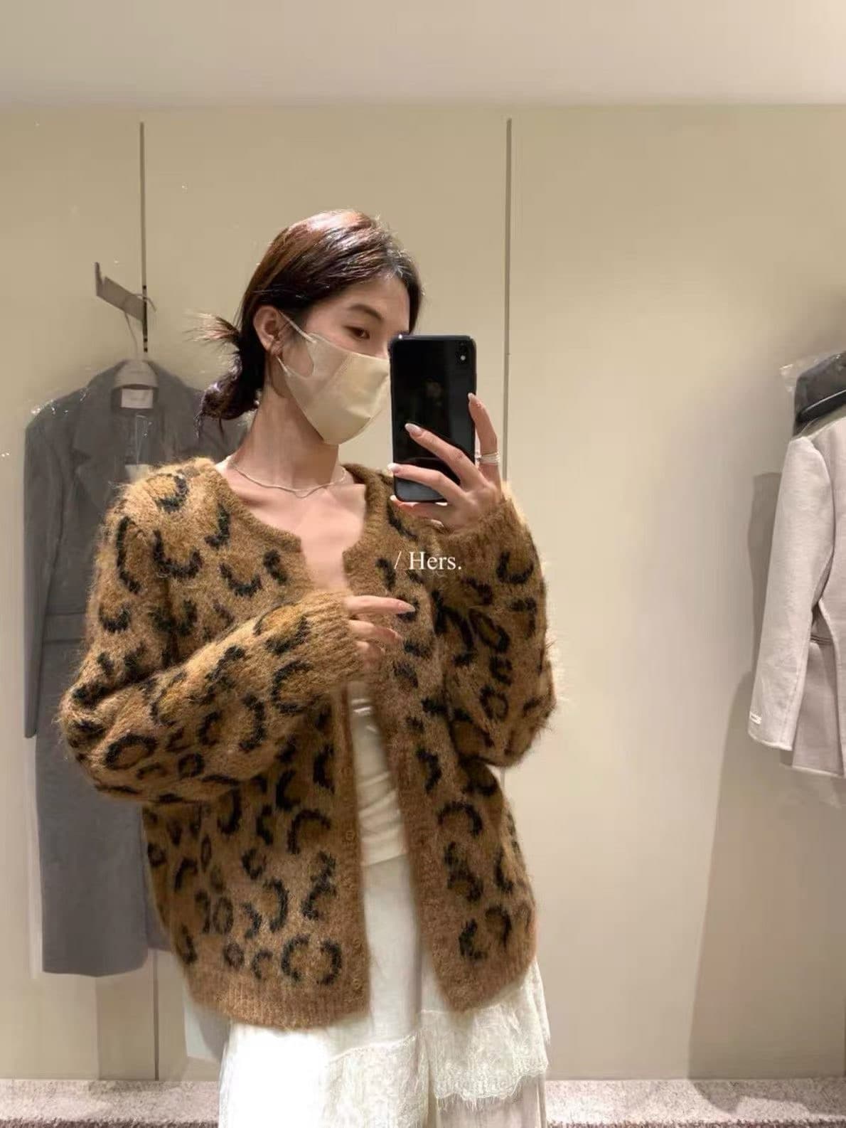 고급 느긋한 바람 레오파드 무늬 아름다움 라드. 스웨터 오픈 가디건 가을 겨울철 레트로 쇼트 스타일 슬림해 보이는 재킷 상세 이미지 1