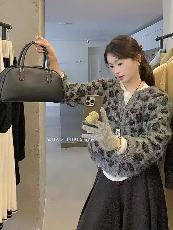 고급 느긋한 바람 레오파드 무늬 아름다움 라드. 스웨터 오픈 가디건 가을 겨울철 레트로 쇼트 스타일 슬림해 보이는 재킷 상세 이미지 2