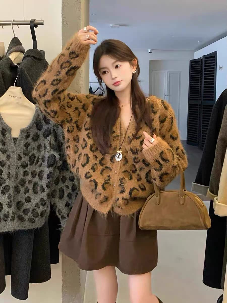 고급 느긋한 바람 레오파드 무늬 아름다움 라드. 스웨터 오픈 가디건 가을 겨울철 레트로 쇼트 스타일 슬림해 보이는 재킷 상세 이미지 4
