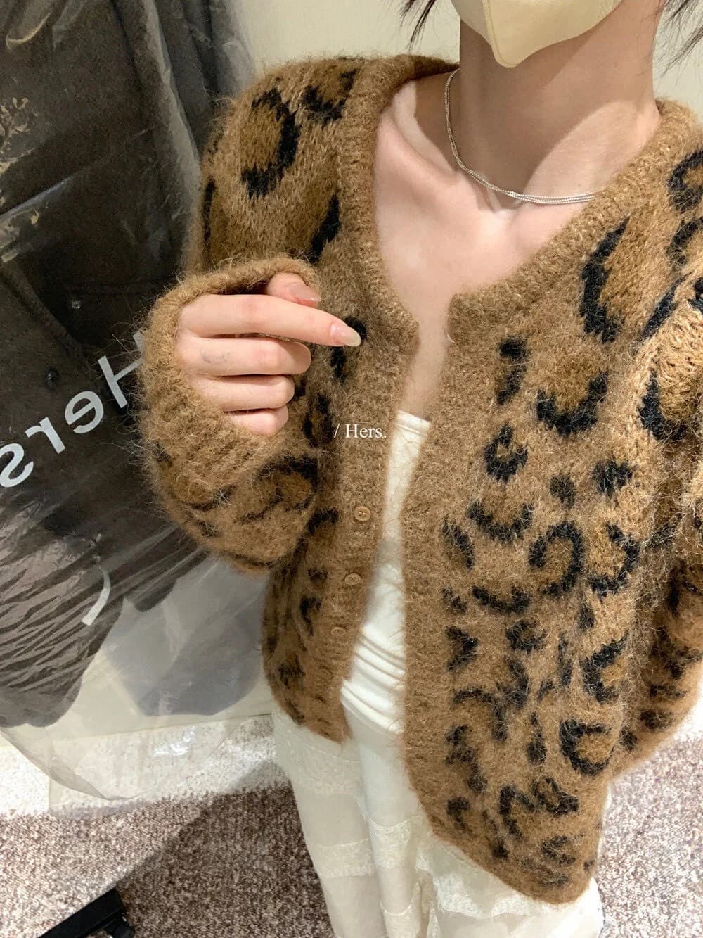 고급 느긋한 바람 레오파드 무늬 아름다움 라드. 스웨터 오픈 가디건 가을 겨울철 레트로 쇼트 스타일 슬림해 보이는 재킷 상세 이미지 34