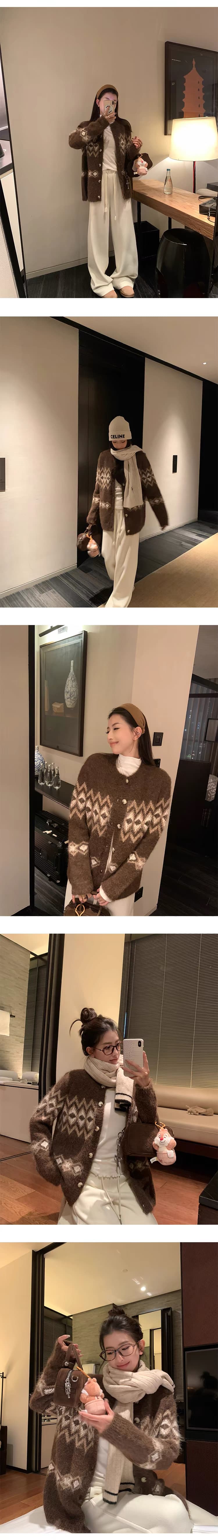 양모 공정한 섬 자카드 스웨터 오픈 가디건 여성 겨울 두꺼운 루즈핏 다용도 슬림해 보이는 니트 재킷 상세 이미지 4