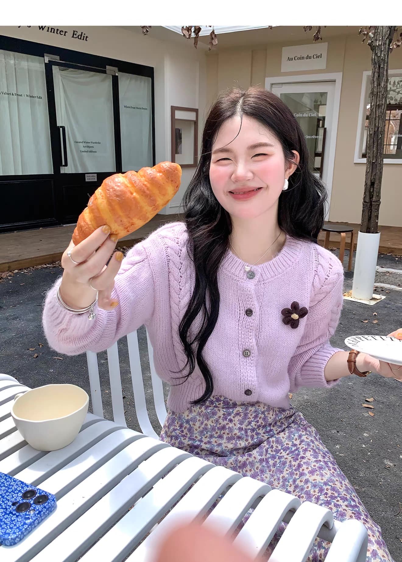 2026 새로운 향기로운 芋 보라색 작은 키 스웨터 오픈 가디건 여성 겨울 두꺼운 루즈핏 다용도 슬림해 보이는 니트 재킷 상세 이미지 4