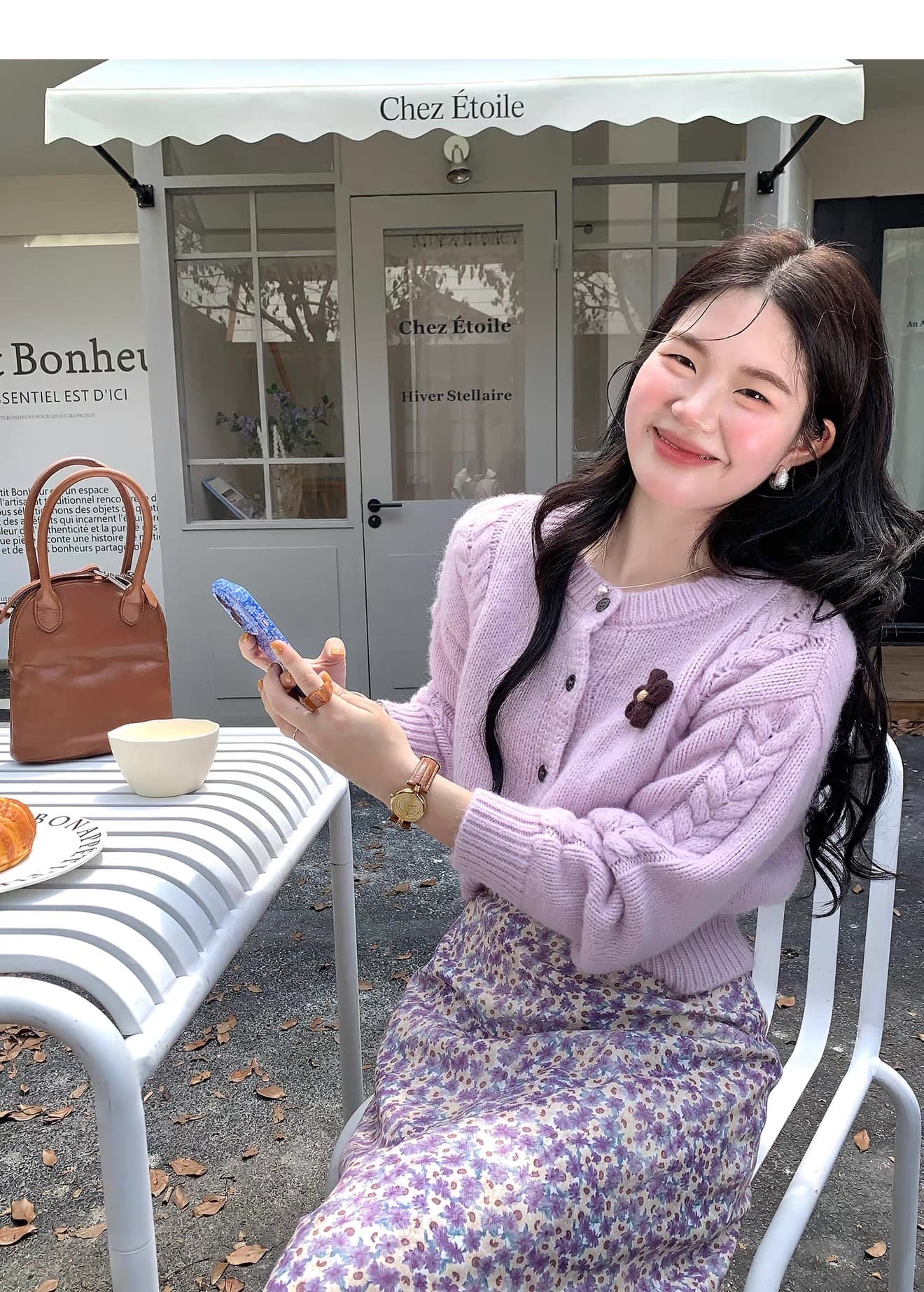 2026 새로운 향기로운 芋 보라색 작은 키 스웨터 오픈 가디건 여성 겨울 두꺼운 루즈핏 다용도 슬림해 보이는 니트 재킷 상세 이미지 5