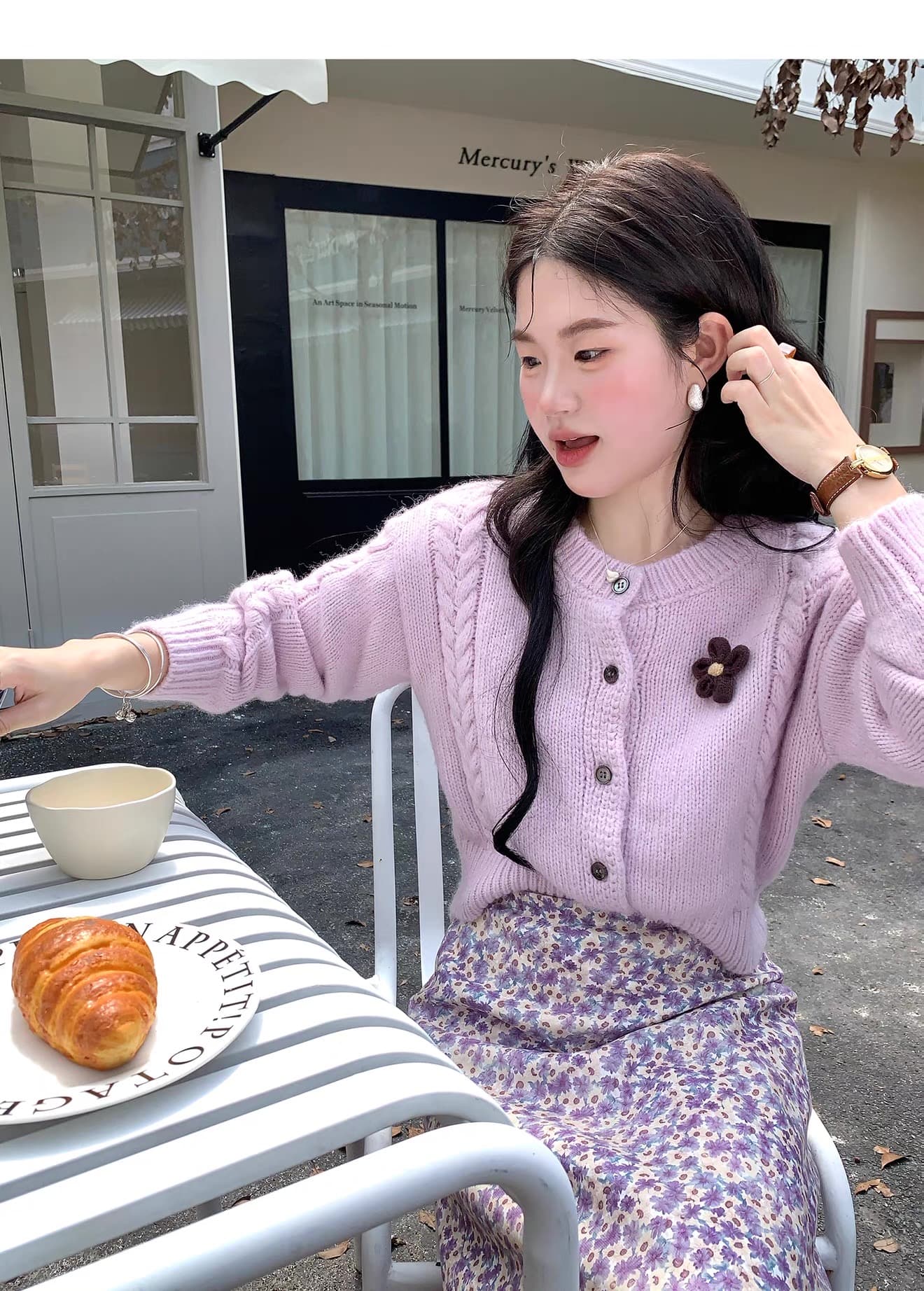 2026 새로운 향기로운 芋 보라색 작은 키 스웨터 오픈 가디건 여성 겨울 두꺼운 루즈핏 다용도 슬림해 보이는 니트 재킷 상세 이미지 8