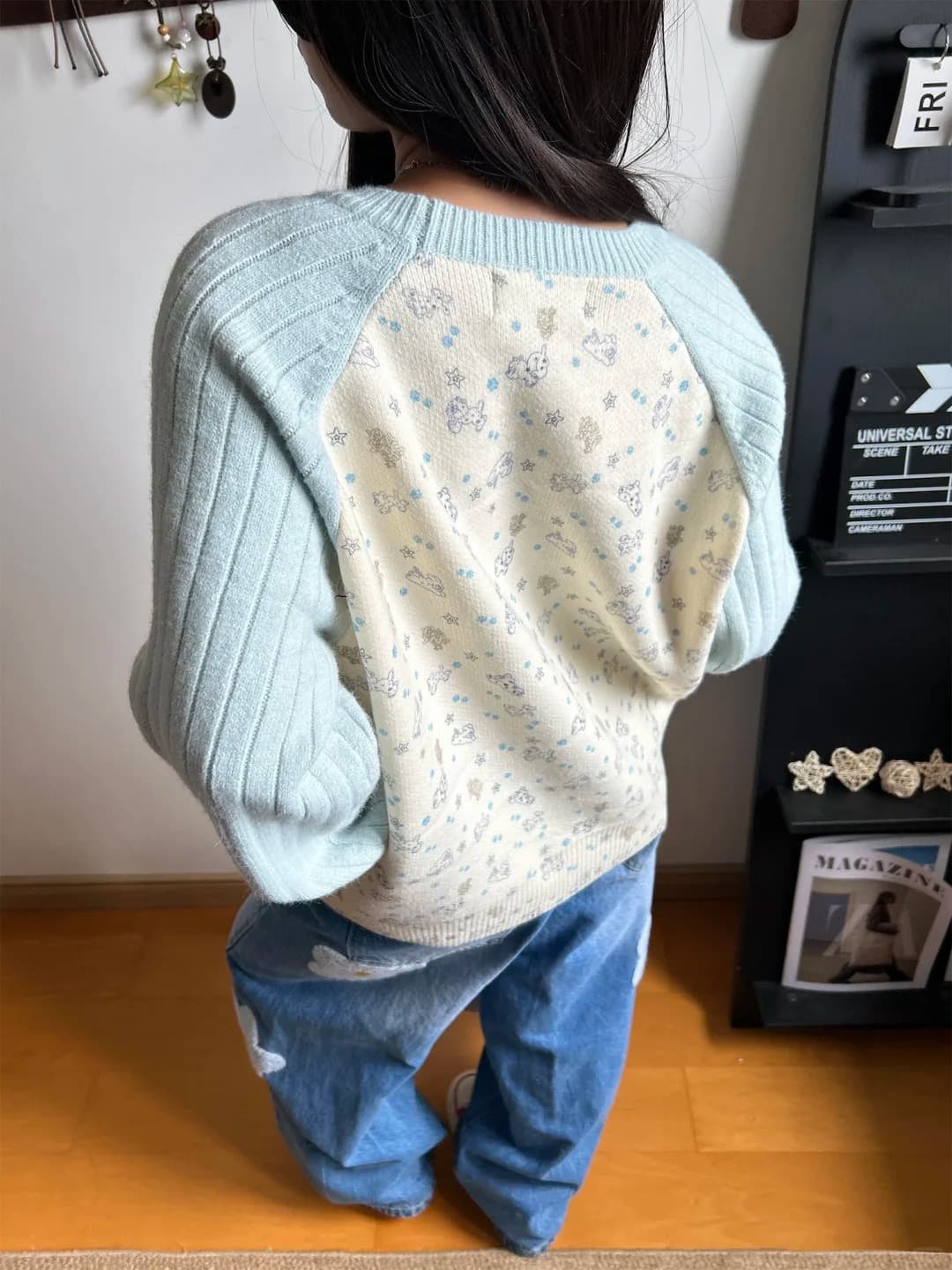 아메리칸 재미있는 프린트 패치워크 색상 긴팔 니트 스웨터 남녀 봄 가을 루즈핏 캐주얼 다용도 풀오버 털 셔츠 상세 이미지 32